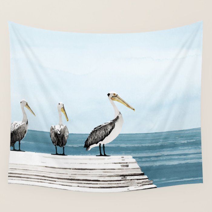 Pelicans on a Pier Watercolor Illustration Wall Tapestry Gallery Image 4