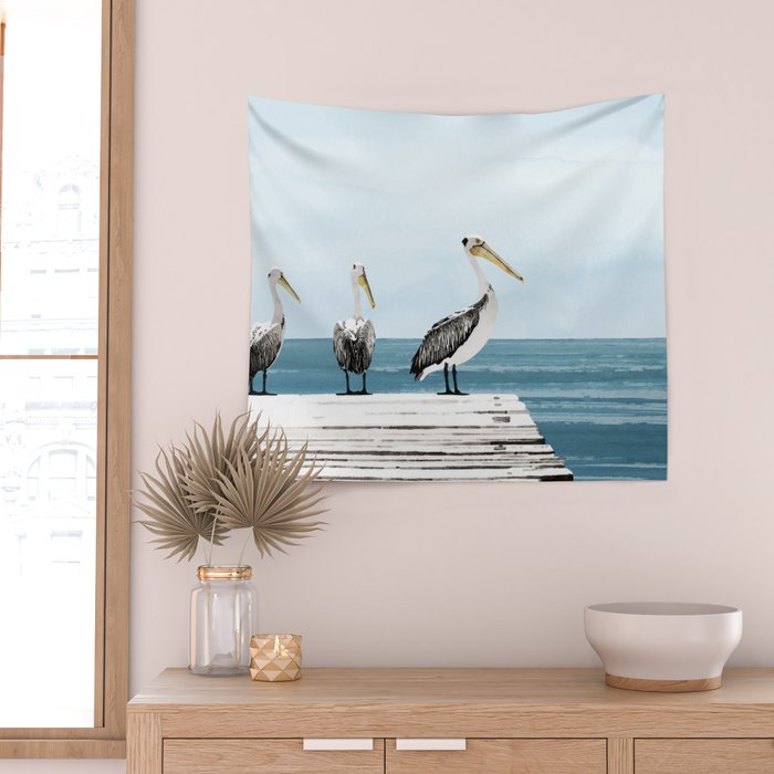 Pelicans on a Pier Watercolor Illustration Wall Tapestry Gallery Image 2