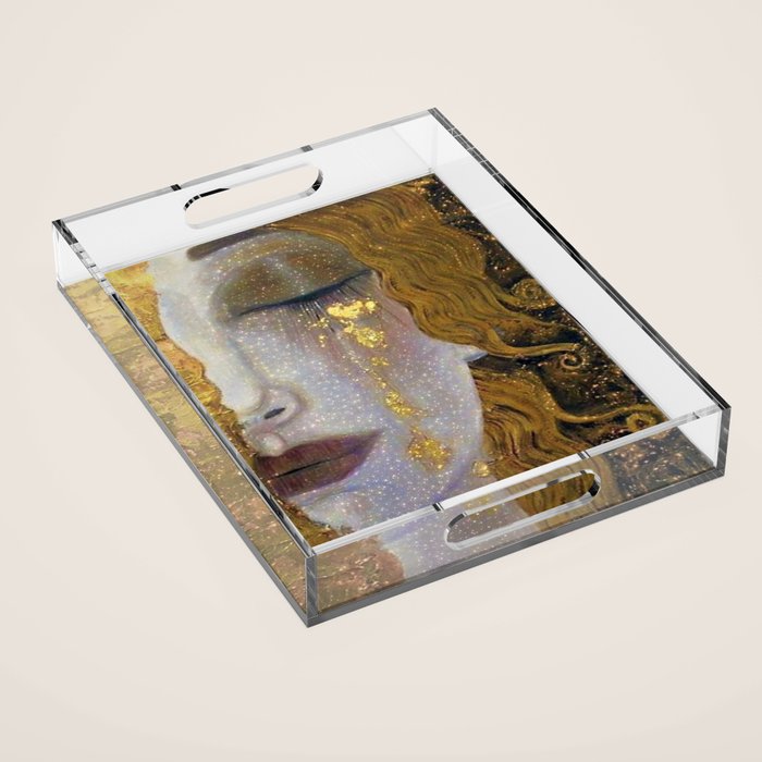 Freya's Tears - Starry Night (Golden Tears) portrait painting by Gustav Klimt Acrylic Tray Gallery Image 1