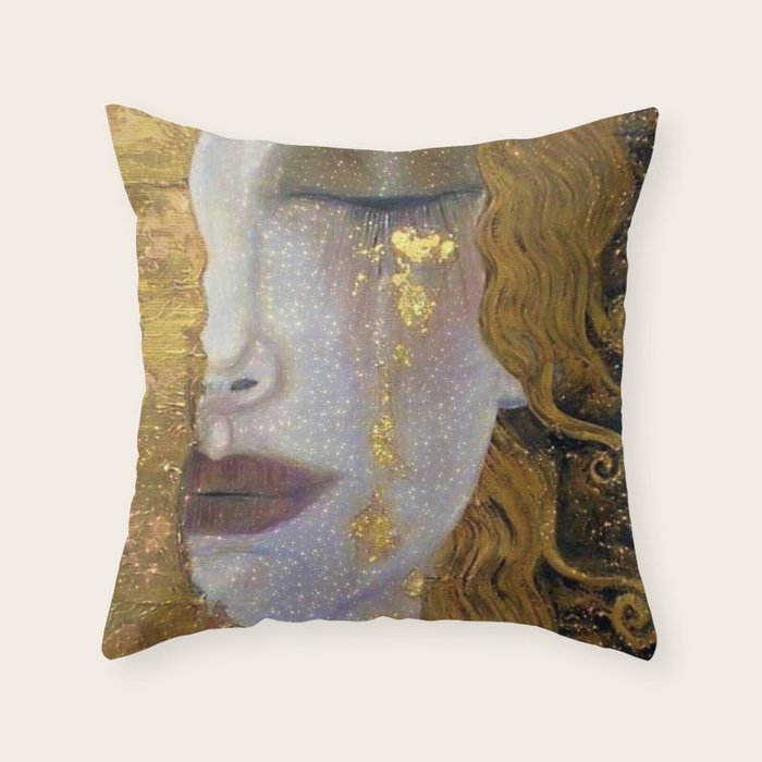 Freya's Tears - Starry Night (Golden Tears) portrait painting by Gustav Klimt Throw Pillow Gallery Image 1