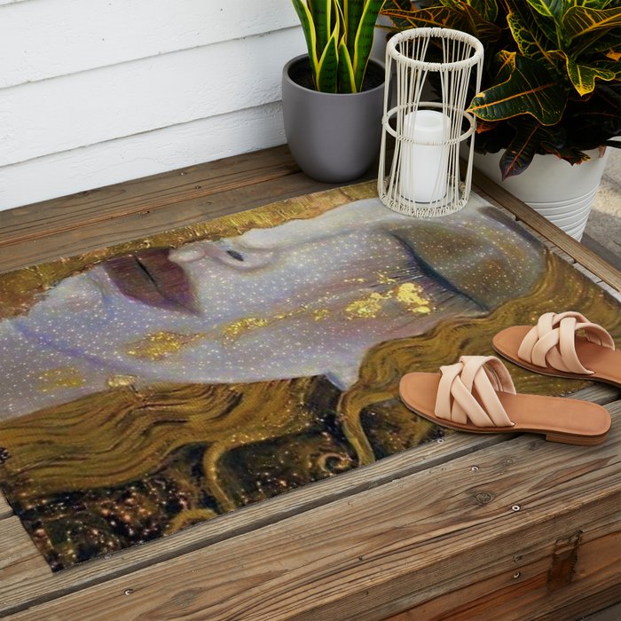 Freya's Tears - Starry Night (Golden Tears) portrait painting by Gustav Klimt Outdoor Rug Gallery Image 2