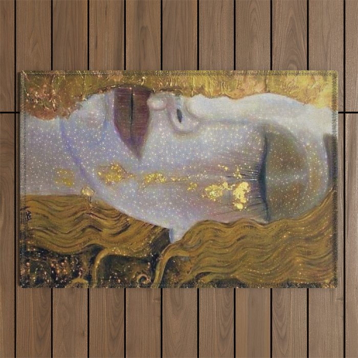 Freya's Tears - Starry Night (Golden Tears) portrait painting by Gustav Klimt Outdoor Rug Gallery Image 1