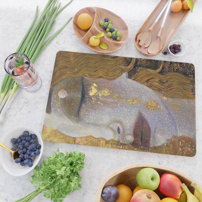 Freya's Tears - Starry Night (Golden Tears) portrait painting by Gustav Klimt Cutting Board Gallery Image 2