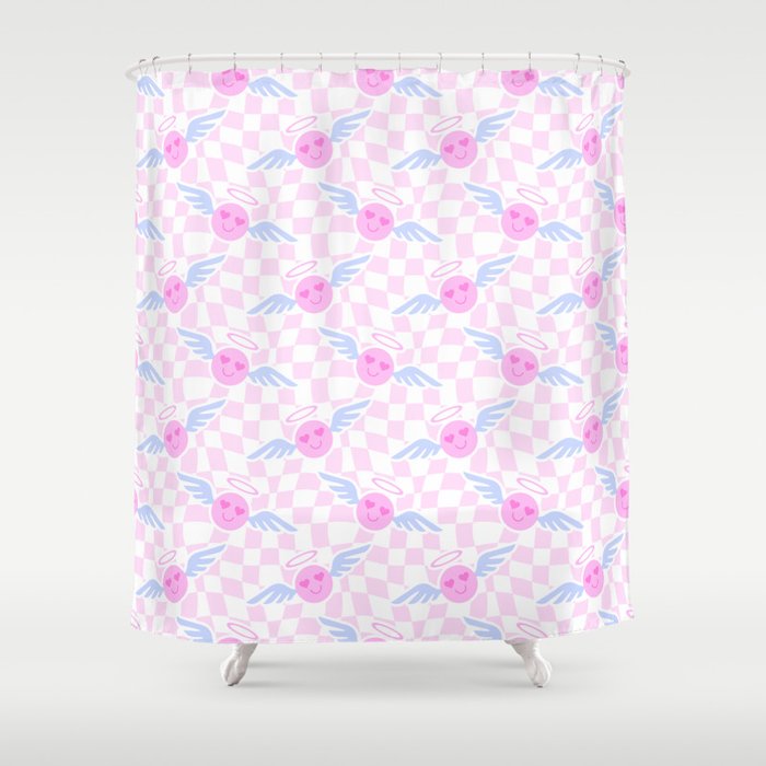 Pink love heart face checkered pattern Shower Curtain Gallery Image 1