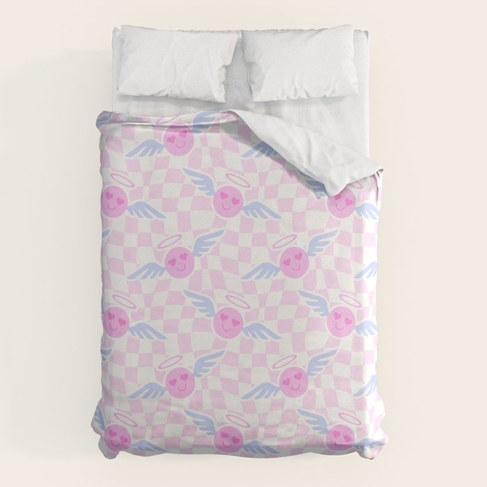 Pink love heart face checkered pattern Duvet Cover Gallery Image 1