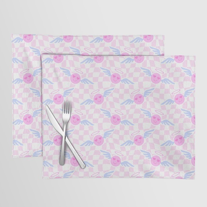 Pink love heart face checkered pattern Placemat Gallery Image 1