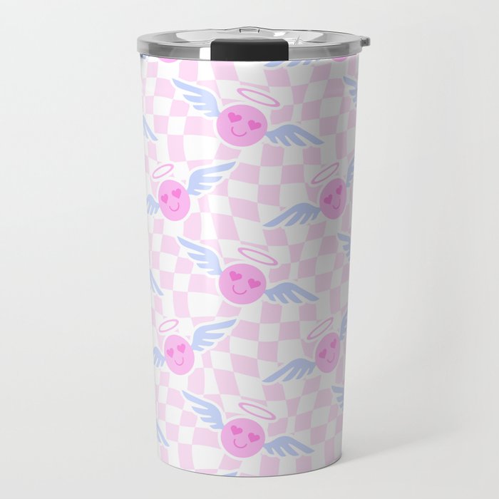 Pink love heart face checkered pattern Travel Mug Gallery Image 1
