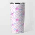 Pink love heart face checkered pattern Travel Mug Gallery Image 1