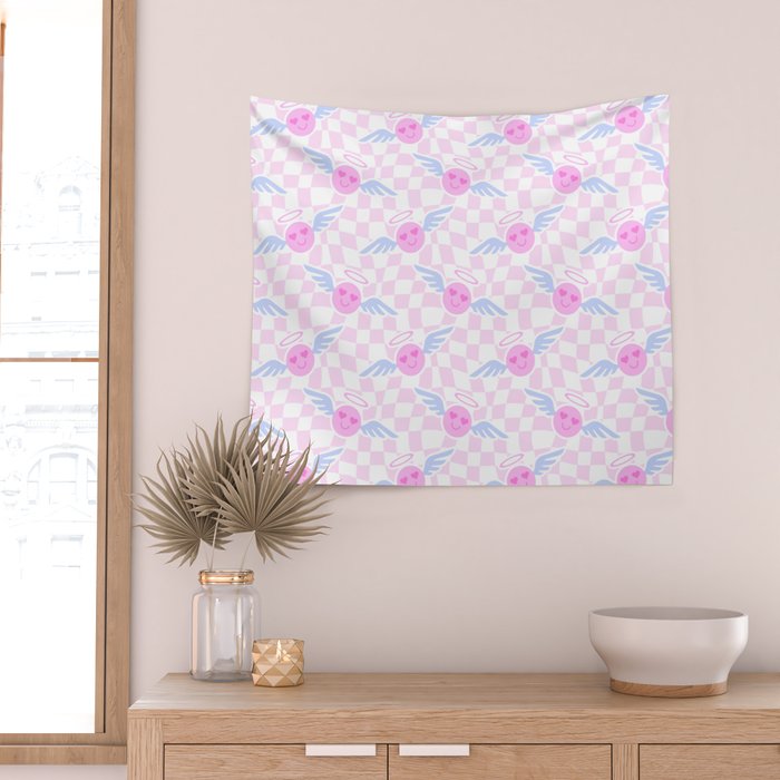 Pink love heart face checkered pattern Wall Tapestry Gallery Image 2