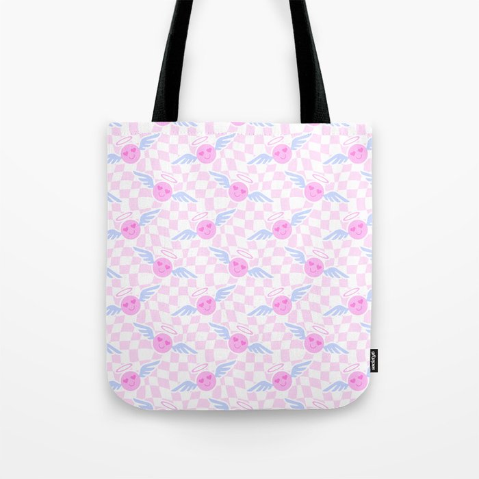 Pink love heart face checkered pattern Tote Bag Gallery Image 1