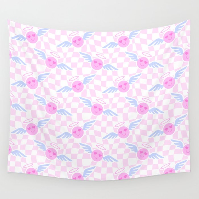 Pink love heart face checkered pattern Wall Tapestry Gallery Image 1