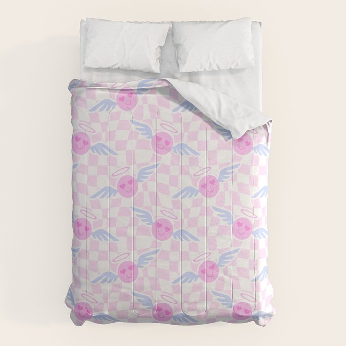 Pink love heart face checkered pattern Comforter Gallery Image 1