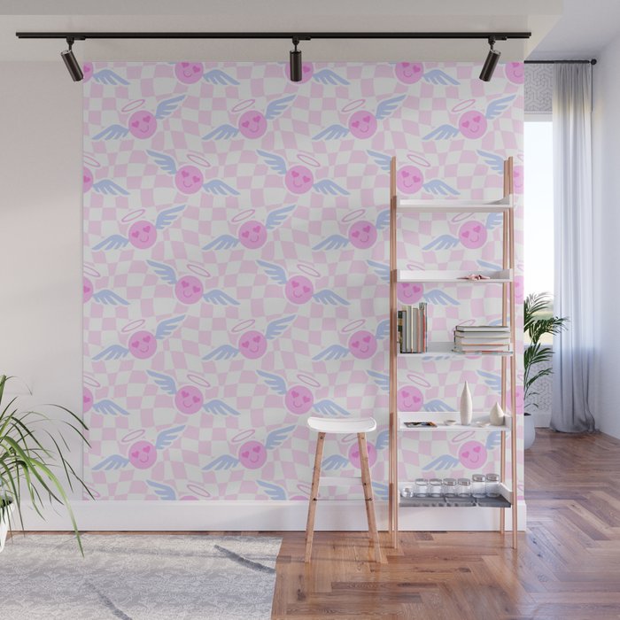 Pink love heart face checkered pattern Wall Mural Gallery Image 1
