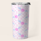 Pink love heart face checkered pattern Travel Mug Gallery Image 2