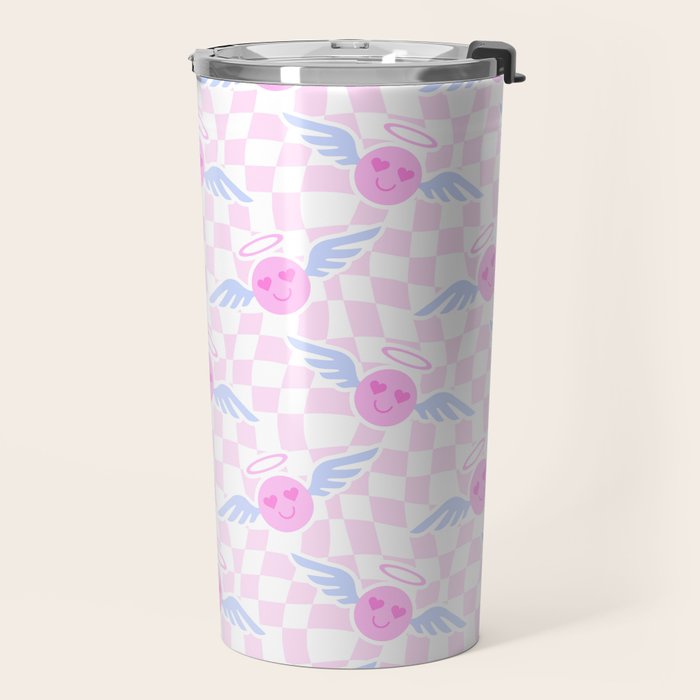 Pink love heart face checkered pattern Travel Mug Gallery Image 2