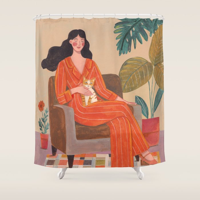 Woman with cat in living room in warm earth tones Shower Curtain Gallery Image 1