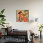 Woman with cat in living room in warm earth tones Wood Wall Art Gallery Image 2