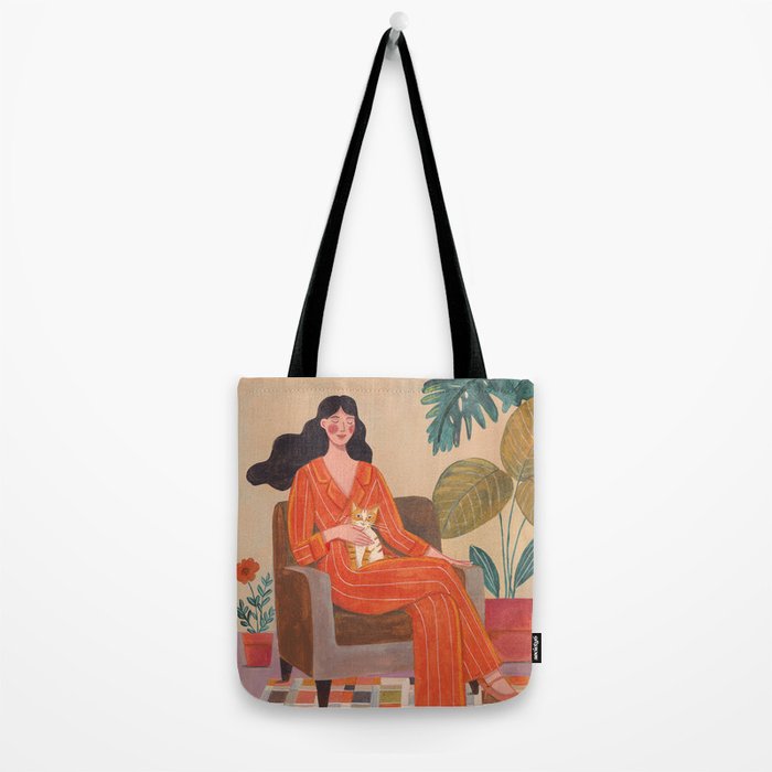Woman with cat in living room in warm earth tones Tote Bag Gallery Image 2