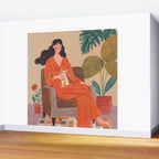 Woman with cat in living room in warm earth tones Wall Mural Gallery Image 2