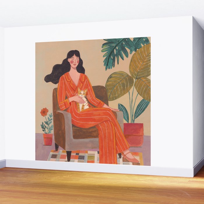 Woman with cat in living room in warm earth tones Wall Mural Gallery Image 2