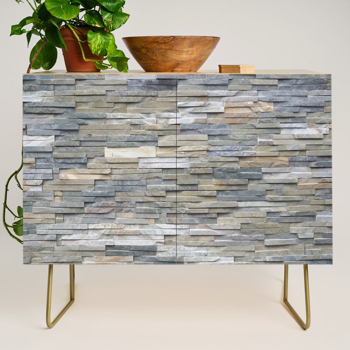 Gray Slate Stone Brick Texture Faux Wall Credenza Gallery Image 1