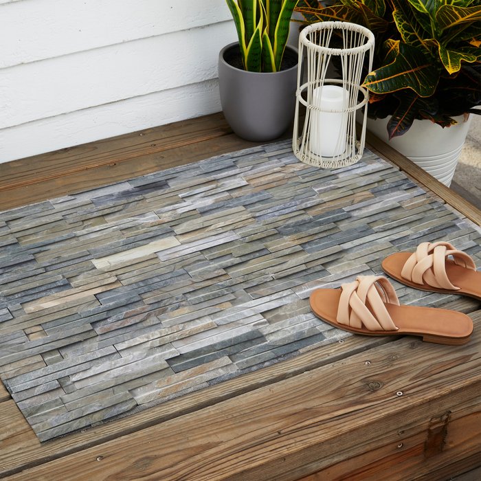 Gray Slate Stone Brick Texture Faux Wall Outdoor Rug Gallery Image 2