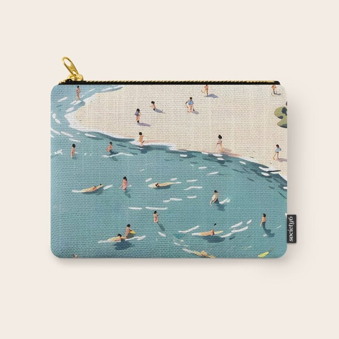 Last Summer, Beach Vibes Tropical Nature Landscape, Pastel Subdued Painting Scenic Travel, People Swim Surf Waves Illustration Carry All Pouch Gallery Image 1