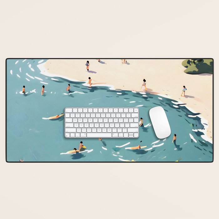 Last Summer, Beach Vibes Tropical Nature Landscape, Pastel Subdued Painting Scenic Travel, People Swim Surf Waves Illustration Desk Mat Gallery Image 1