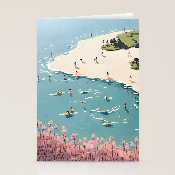 Last Summer, Beach Vibes Tropical Nature Landscape, Pastel Subdued Painting Scenic Travel, People Swim Surf Waves Illustration Stationery Card Gallery Image 2