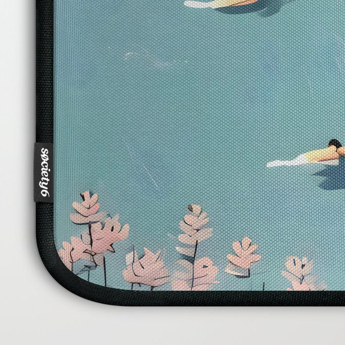 Last Summer, Beach Vibes Tropical Nature Landscape, Pastel Subdued Painting Scenic Travel, People Swim Surf Waves Illustration Laptop Sleeve Gallery Image 3