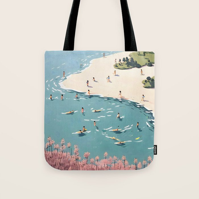 Last Summer, Beach Vibes Tropical Nature Landscape, Pastel Subdued Painting Scenic Travel, People Swim Surf Waves Illustration Tote Bag Gallery Image 1