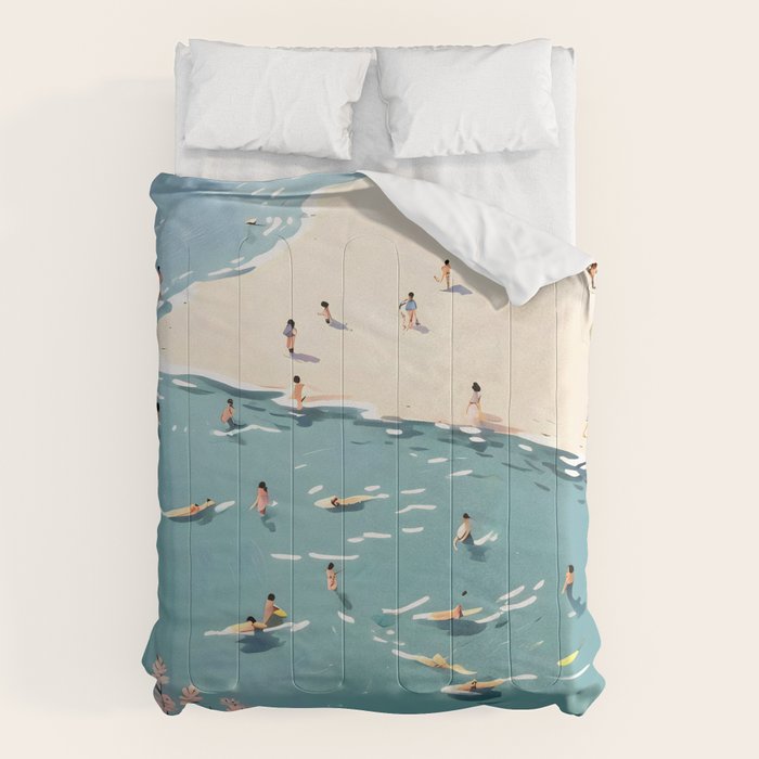Last Summer, Beach Vibes Tropical Nature Landscape, Pastel Subdued Painting Scenic Travel, People Swim Surf Waves Illustration Comforter Gallery Image 1