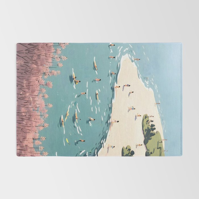 Last Summer, Beach Vibes Tropical Nature Landscape, Pastel Subdued Painting Scenic Travel, People Swim Surf Waves Illustration Rug Gallery Image 2
