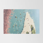 Last Summer, Beach Vibes Tropical Nature Landscape, Pastel Subdued Painting Scenic Travel, People Swim Surf Waves Illustration Rug Gallery Image 2
