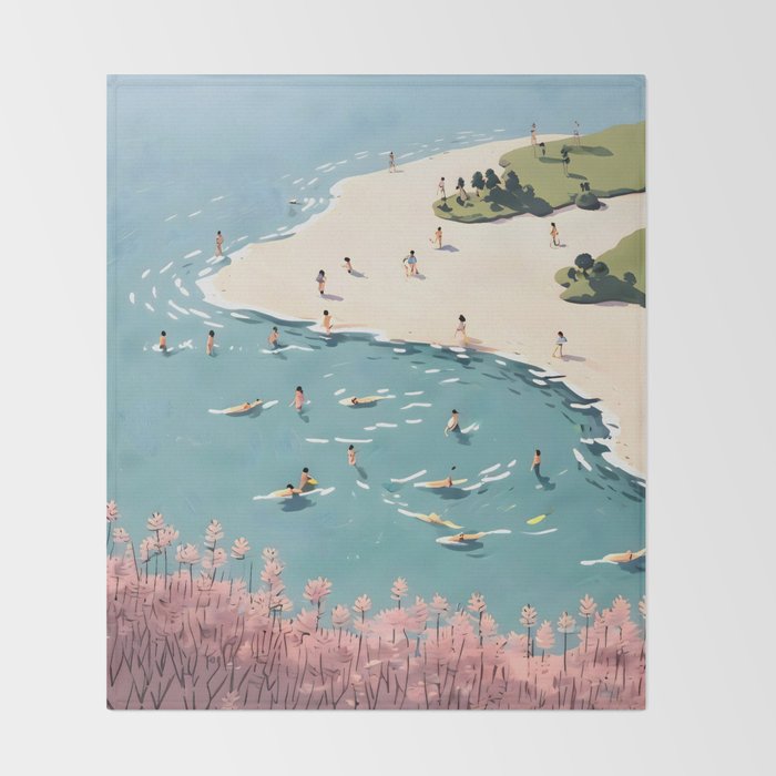 Last Summer, Beach Vibes Tropical Nature Landscape, Pastel Subdued Painting Scenic Travel, People Swim Surf Waves Illustration Throw Blanket Gallery Image 2