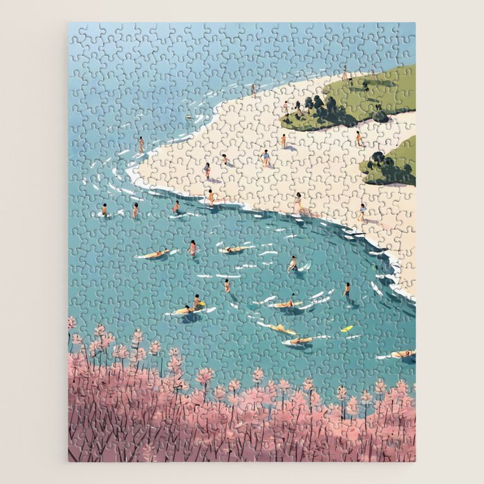 Last Summer, Beach Vibes Tropical Nature Landscape, Pastel Subdued Painting Scenic Travel, People Swim Surf Waves Illustration Jigsaw Puzzle Gallery Image 1