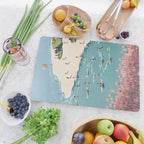 Last Summer, Beach Vibes Tropical Nature Landscape, Pastel Subdued Painting Scenic Travel, People Swim Surf Waves Illustration Cutting Board Gallery Image 2