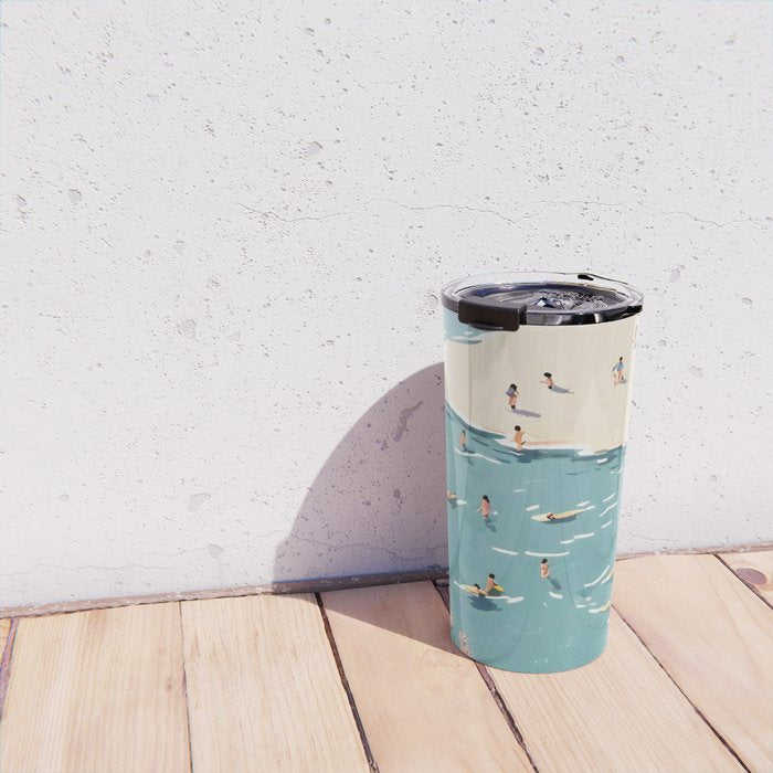 Last Summer, Beach Vibes Tropical Nature Landscape, Pastel Subdued Painting Scenic Travel, People Swim Surf Waves Illustration Travel Mug Gallery Image 4