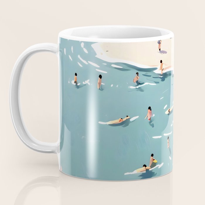 Last Summer, Beach Vibes Tropical Nature Landscape, Pastel Subdued Painting Scenic Travel, People Swim Surf Waves Illustration Coffee Mug Gallery Image 3