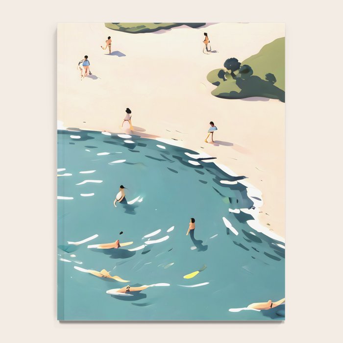 Last Summer, Beach Vibes Tropical Nature Landscape, Pastel Subdued Painting Scenic Travel, People Swim Surf Waves Illustration Notebook Gallery Image 4