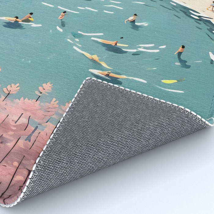 Last Summer, Beach Vibes Tropical Nature Landscape, Pastel Subdued Painting Scenic Travel, People Swim Surf Waves Illustration Rug Gallery Image 4