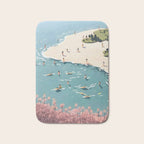 Last Summer, Beach Vibes Tropical Nature Landscape, Pastel Subdued Painting Scenic Travel, People Swim Surf Waves Illustration Bath Mat Gallery Image 1
