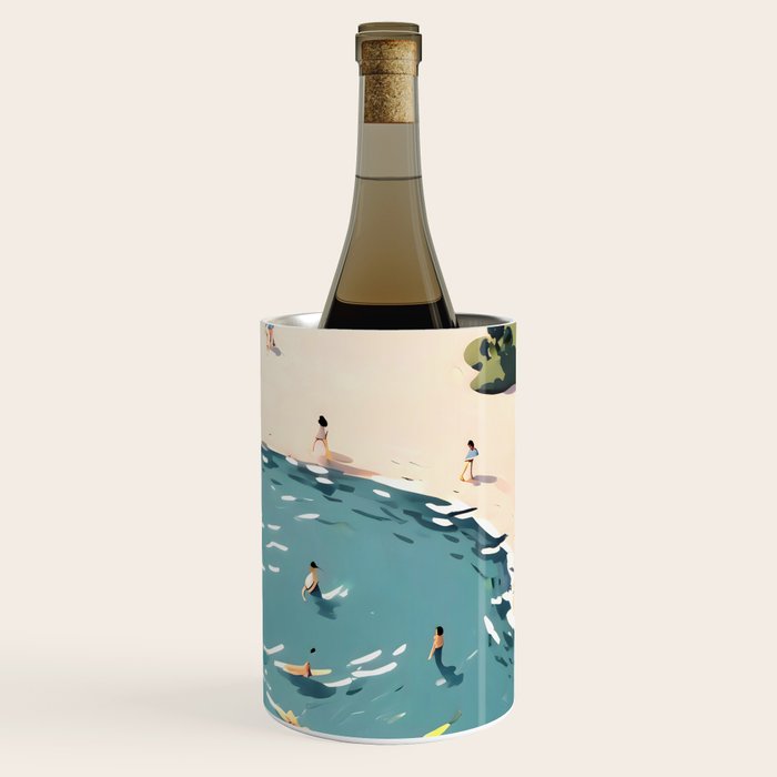 Last Summer, Beach Vibes Tropical Nature Landscape, Pastel Subdued Painting Scenic Travel, People Swim Surf Waves Illustration Wine Chiller Gallery Image 3
