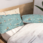 Last Summer, Beach Vibes Tropical Nature Landscape, Pastel Subdued Painting Scenic Travel, People Swim Surf Waves Illustration Pillow Sham Gallery Image 2