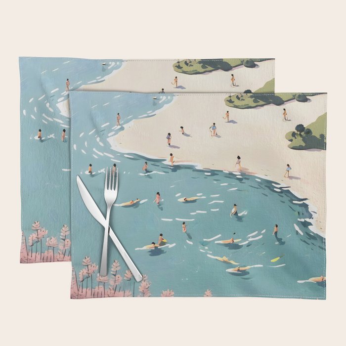 Last Summer, Beach Vibes Tropical Nature Landscape, Pastel Subdued Painting Scenic Travel, People Swim Surf Waves Illustration Placemat Gallery Image 1