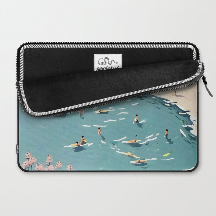 Last Summer, Beach Vibes Tropical Nature Landscape, Pastel Subdued Painting Scenic Travel, People Swim Surf Waves Illustration Laptop Sleeve Gallery Image 2