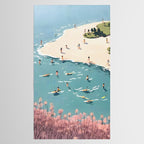 Last Summer, Beach Vibes Tropical Nature Landscape, Pastel Subdued Painting Scenic Travel, People Swim Surf Waves Illustration Tablecloth Gallery Image 2