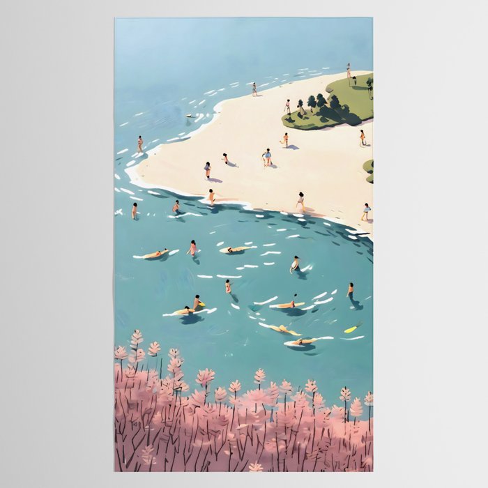 Last Summer, Beach Vibes Tropical Nature Landscape, Pastel Subdued Painting Scenic Travel, People Swim Surf Waves Illustration Tablecloth Gallery Image 2