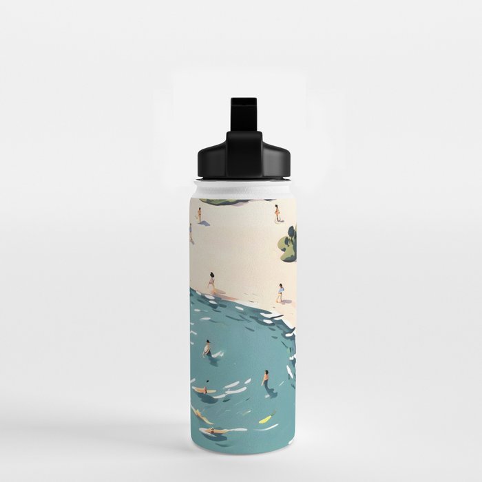 Last Summer, Beach Vibes Tropical Nature Landscape, Pastel Subdued Painting Scenic Travel, People Swim Surf Waves Illustration Water Bottle Gallery Image 2
