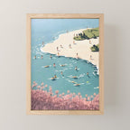 Last Summer, Beach Vibes Tropical Nature Landscape, Pastel Subdued Painting Scenic Travel, People Swim Surf Waves Illustration Mini Art Print Gallery Image 1